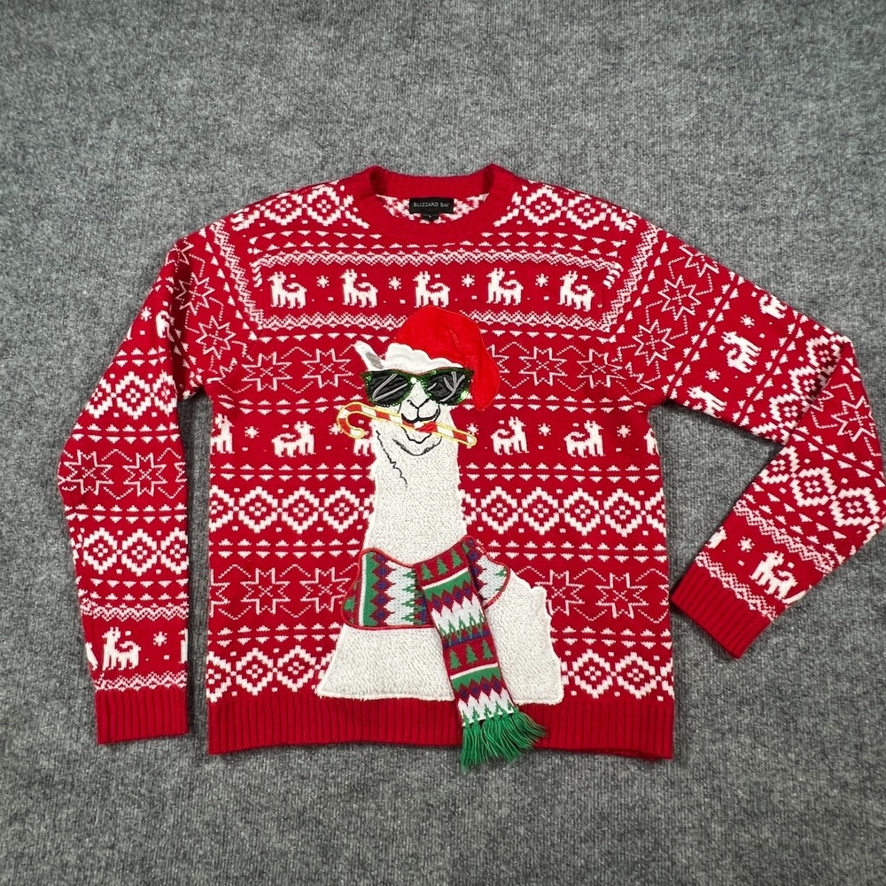 Blizzard Bay Christmas Llama Sweater Men Large Red Tight Knit Ribbed Trim Winter